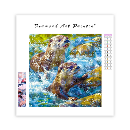 Seeotter spielen im Fluss - Diamant-Kunstgemälde