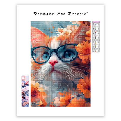 Katze mit Brille, umgeben von Blumen - Diamant-Kunstgemälde