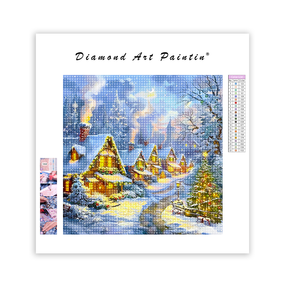 Weihnachtliches Schneedorf - Diamant-Kunstgemälde