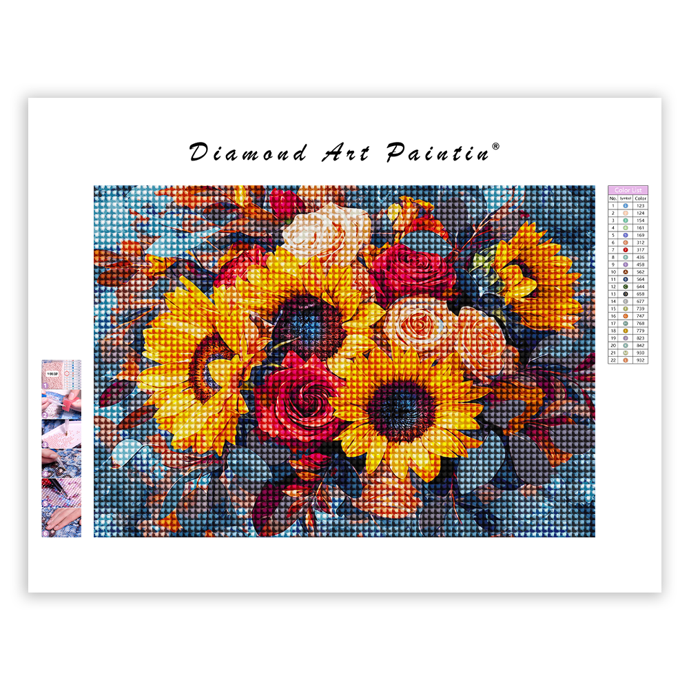 Sonnenblumen-Rosen-Bouquet - Diamant-Kunstgemälde