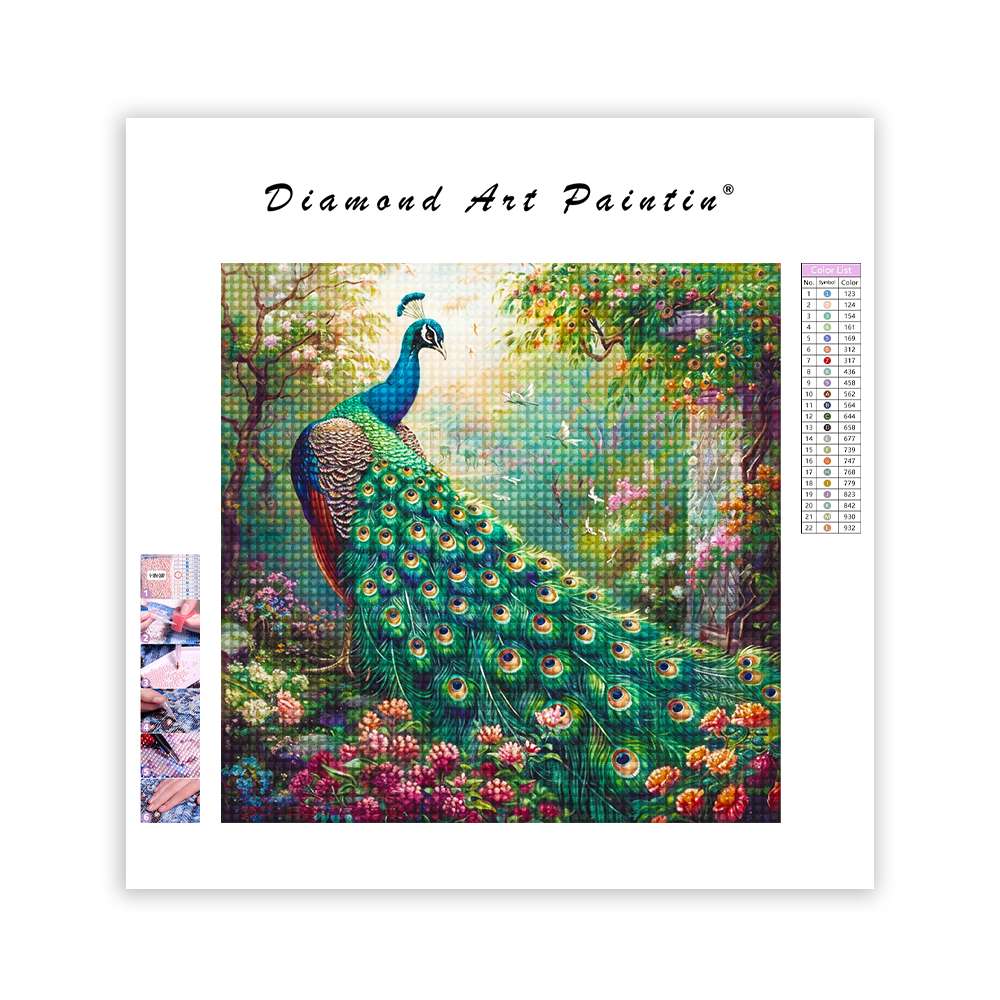 Pfau und Blumen - Diamant-Kunstgemälde