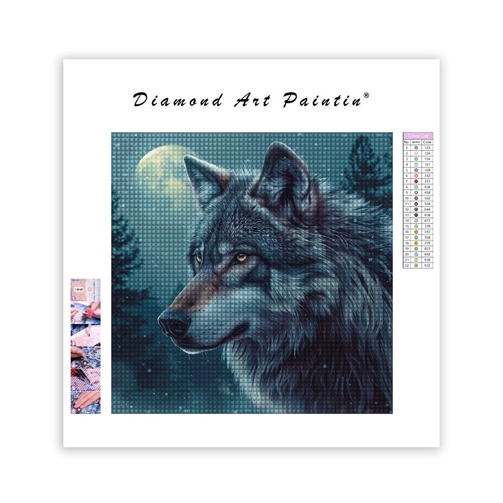 Einsamer Wolf in einer verschneiten Nacht - Diamant-Kunstgemälde