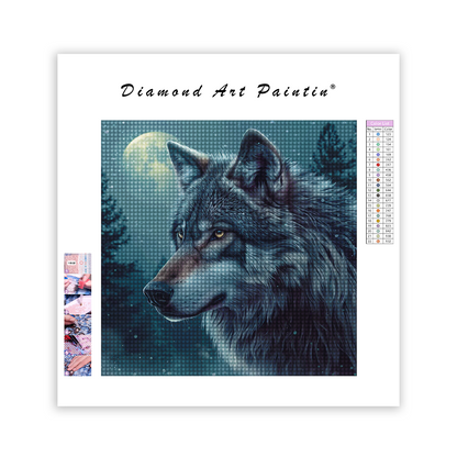 Einsamer Wolf in einer verschneiten Nacht - Diamant-Kunstgemälde