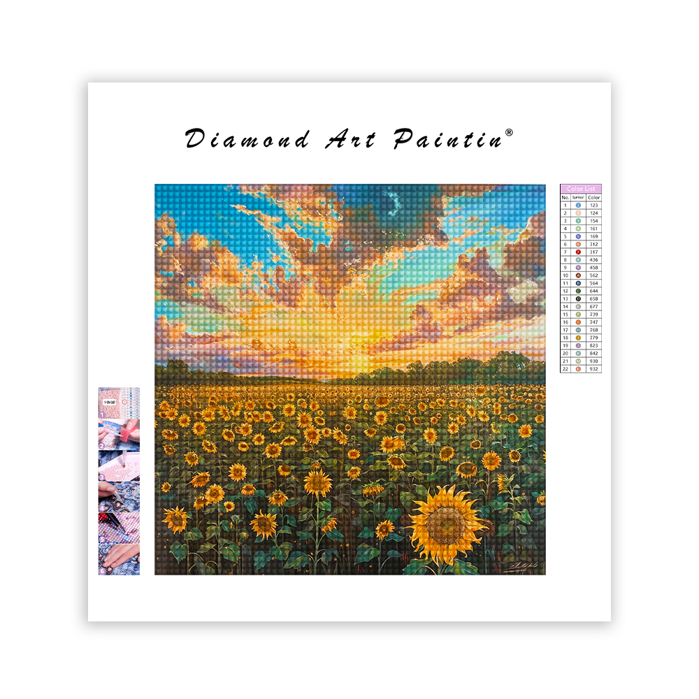 Sonnenblumenfeld und Sonnenuntergang - Diamant-Kunstgemälde