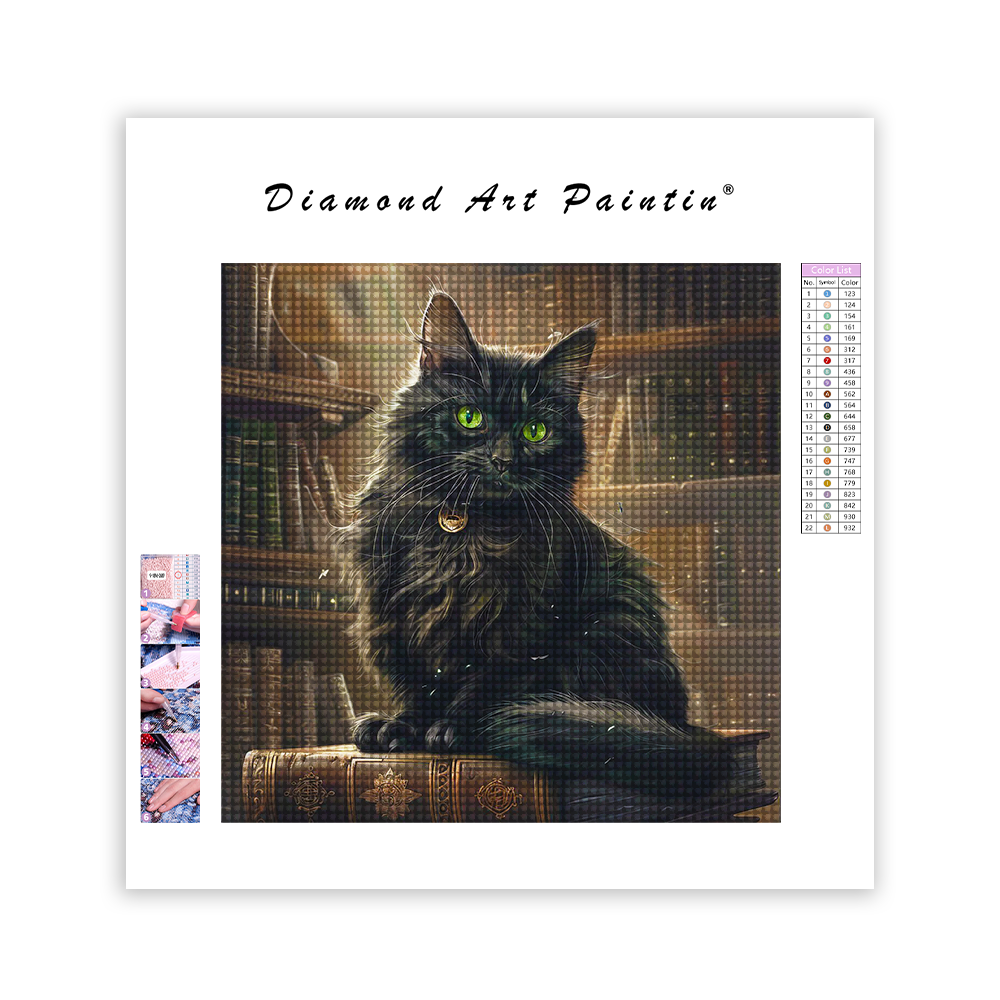 Die geheimnisvolle schwarze Katze mit grünen Augen in der Bibliothek - Diamant-Kunstgemälde