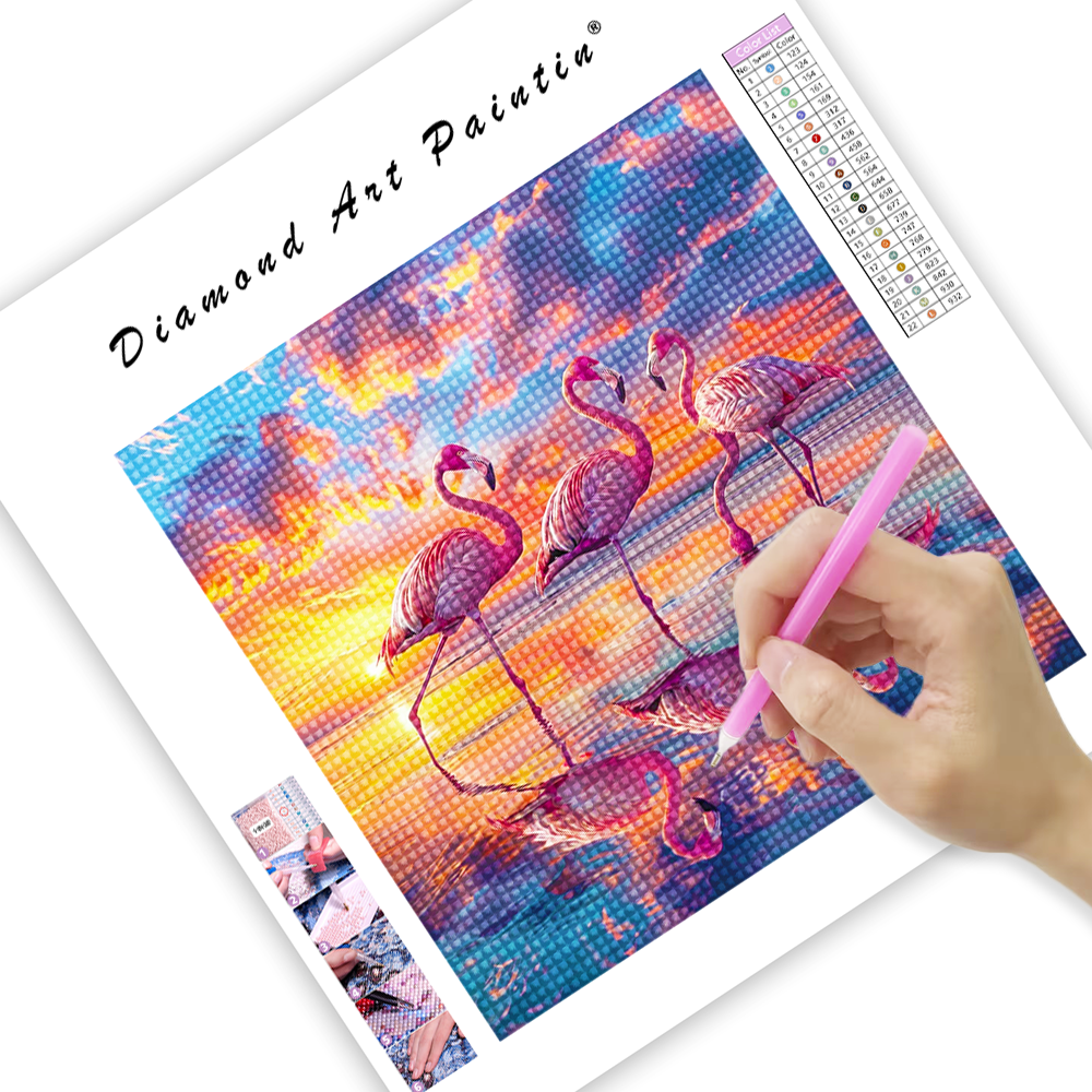 Schöner Sonnenuntergang mit Flamingos über dem Meer - Diamant-Kunstgemälde