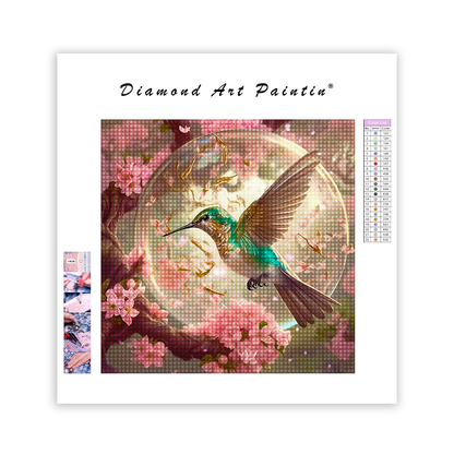 Kolibri fliegt zwischen Blumen - Diamant-Kunstgemälde