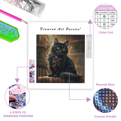 Die geheimnisvolle schwarze Katze mit grünen Augen in der Bibliothek - Diamant-Kunstgemälde