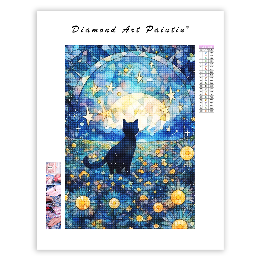 Sternenhimmel und Katze - Diamant-Kunstgemälde