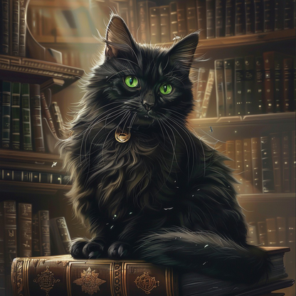 Die geheimnisvolle schwarze Katze mit grünen Augen in der Bibliothek - Diamant-Kunstgemälde