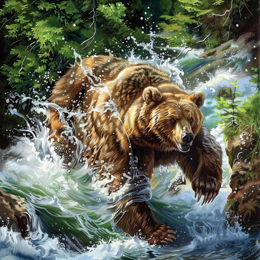 Braunbär am Waldfluss - Diamant-Kunstgemälde