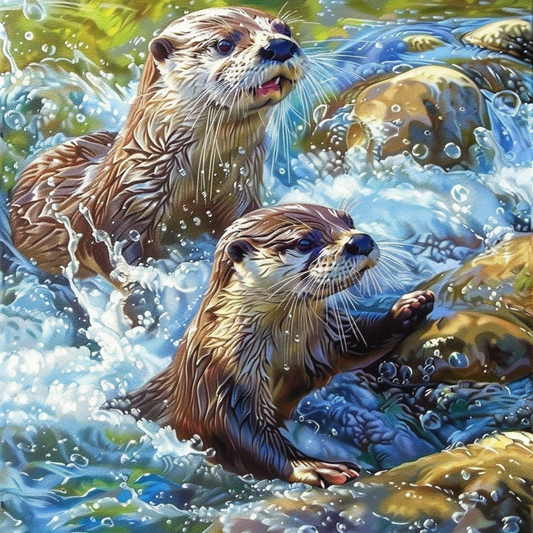 Seeotter spielen im Fluss - Diamant-Kunstgemälde