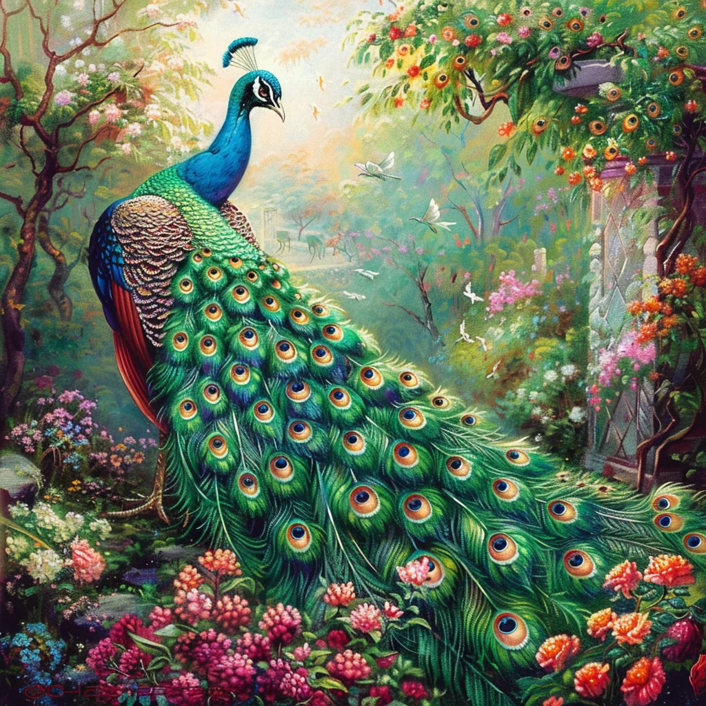 Pfau und Blumen - Diamant-Kunstgemälde