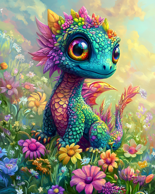 Babydrache zwischen blühenden Blumen - Diamant-Kunstgemälde