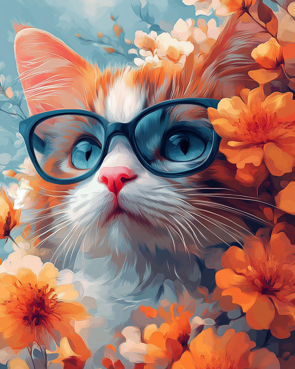 Katze mit Brille, umgeben von Blumen - Diamant-Kunstgemälde