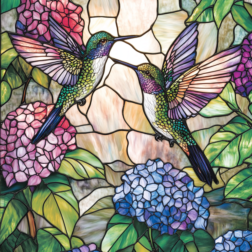 Kolibri und blühende Hortensien auf Buntglasstruktur - Diamant-Kunstgemälde