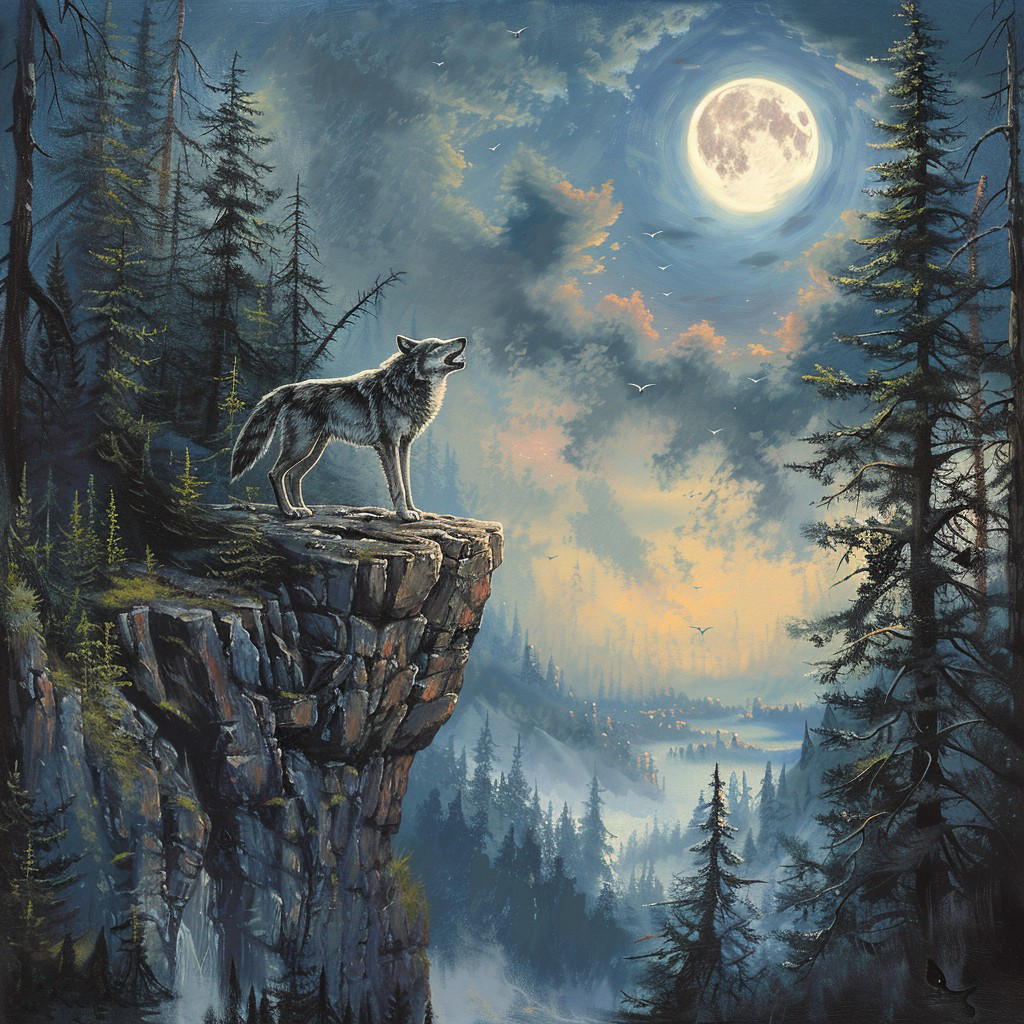 Einsamer Wolf heult auf der Klippe den Mond an - Diamant-Kunstgemälde