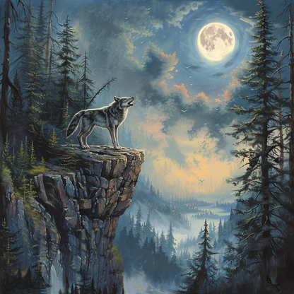 Einsamer Wolf heult auf der Klippe den Mond an - Diamant-Kunstgemälde