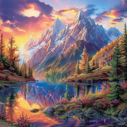 Ein See spiegelt schneebedeckte Berge und einen farbenfrohen Sonnenuntergang wider - Diamant-Kunstgemälde