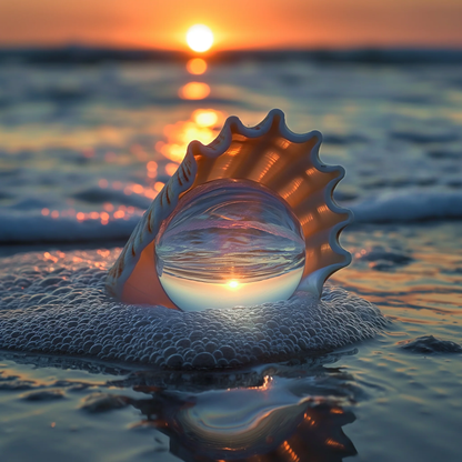 Eine Kristallkugel am Strand reflektiert das wunderschöne Sonnenlicht - Diamant-Kunstgemälde