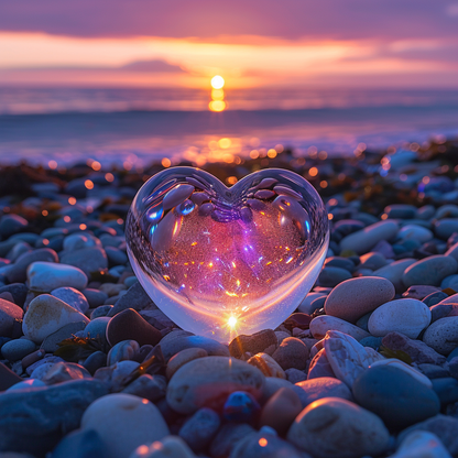 Herzförmiges Glas funkelt am Strand - Diamant-Kunstgemälde