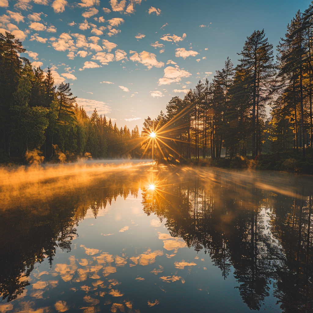 Die Sonne geht über einem ruhigen See im tiefen Wald auf - Diamant-Kunstgemälde