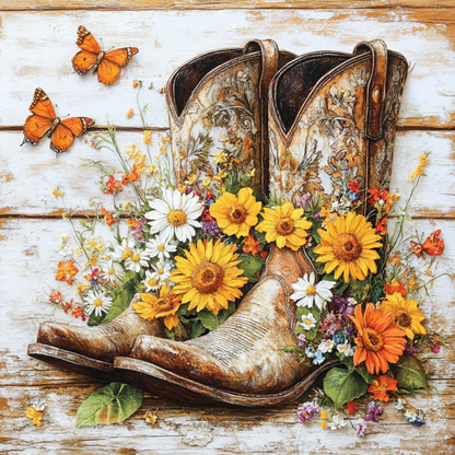 Western Cowboystiefel und blühende Blumen - Diamant-Kunstgemälde