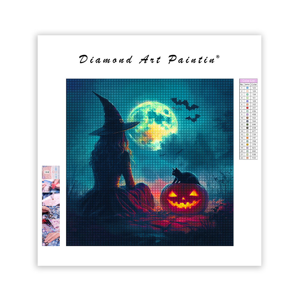 Halloween-Hexe und schwarze Katze - Diamant-Kunstgemälde