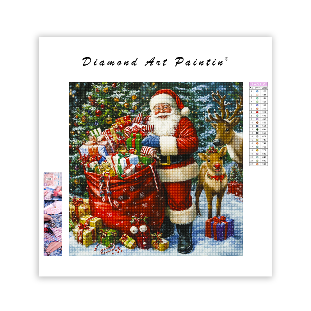 Weihnachtsmann-Geschenktüte und süßer Elch - Diamant-Kunstgemälde