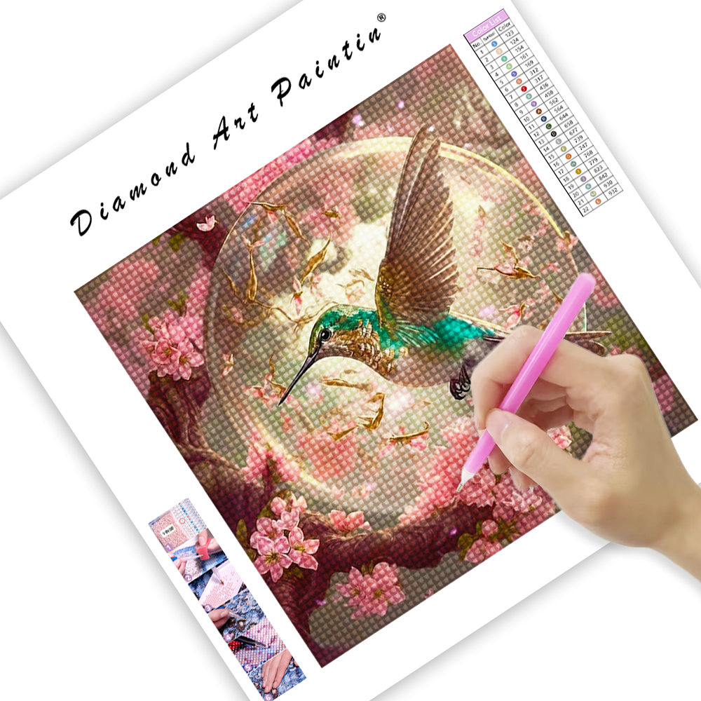 Kolibri fliegt zwischen Blumen - Diamant-Kunstgemälde