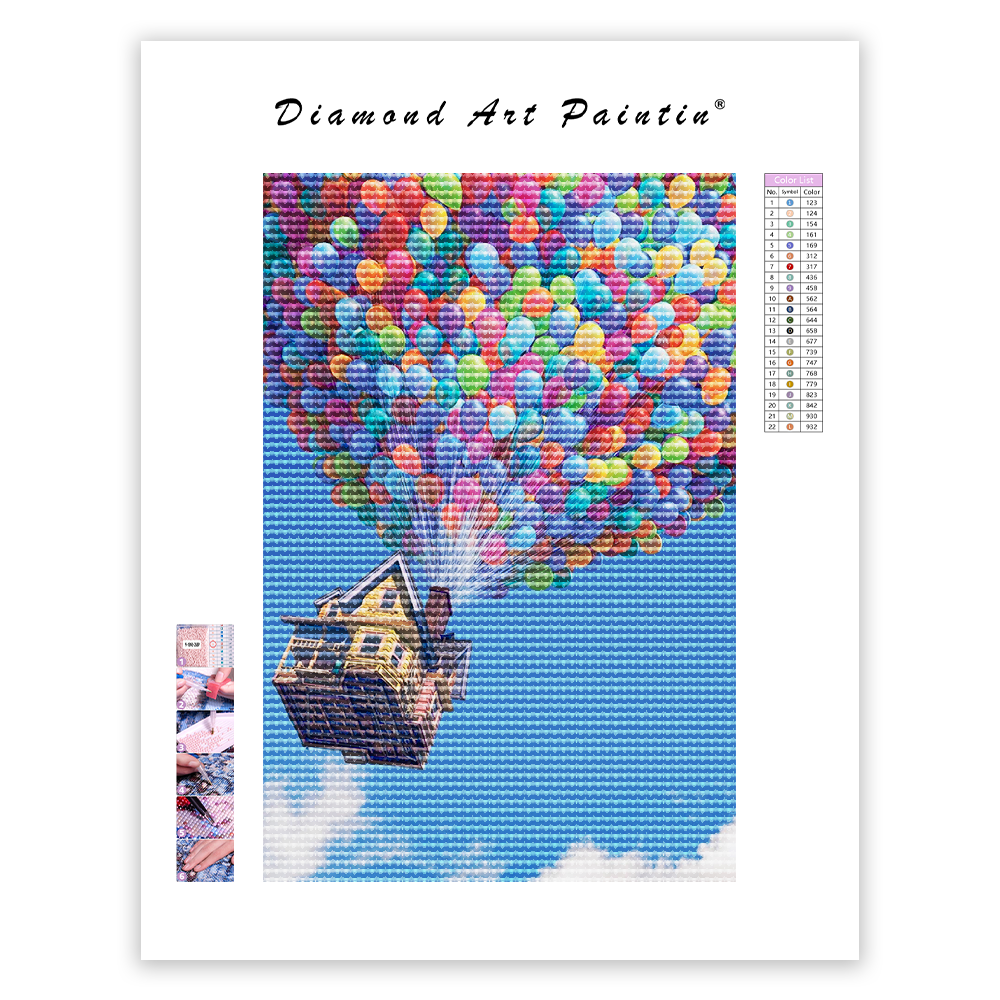 Bunte Luftballons und fliegende Häuser - Diamant-Kunstgemälde