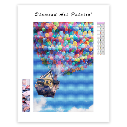 Bunte Luftballons und fliegende Häuser - Diamant-Kunstgemälde